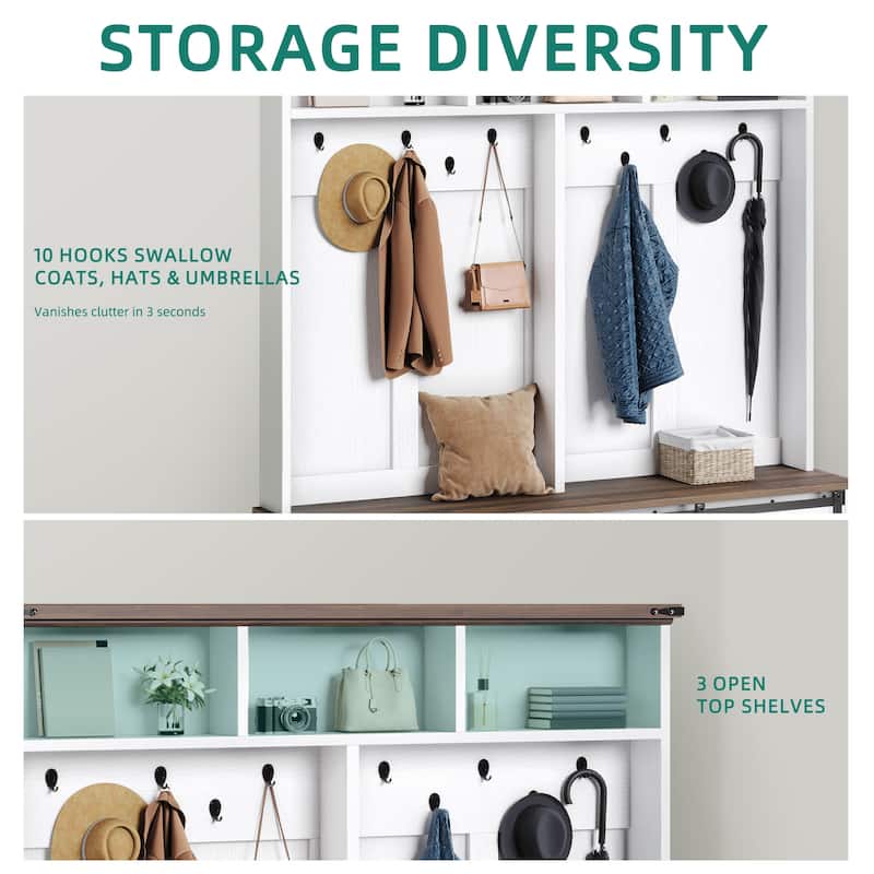 Moasis Farmhouse Hall Tree with Bench and Shoe Storage, 2 Drawers Coat Rack for Entyrway