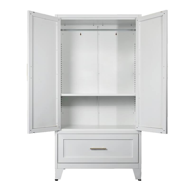60" Tall Metal Wardrobe Cabinet with 1 Drawer and Hanging Rod, 2 Doors Wardrobe Closet with Shelf