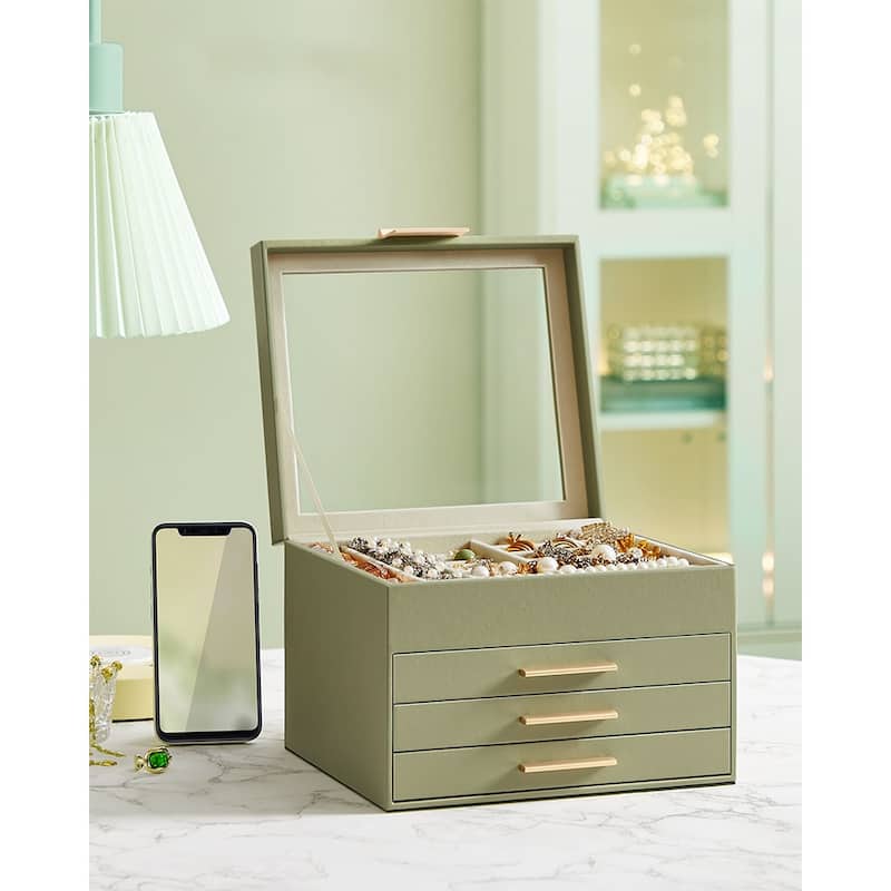 Modern Jewelry Organizer with Multiple Drawers Glass Top and Velvet Interior for Storage