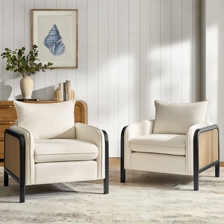 Abeline 32.75"W Coastal-Style Upholstered Armchair with Solid Wood Legs and Cushions Set of 2 by HULALA HOME