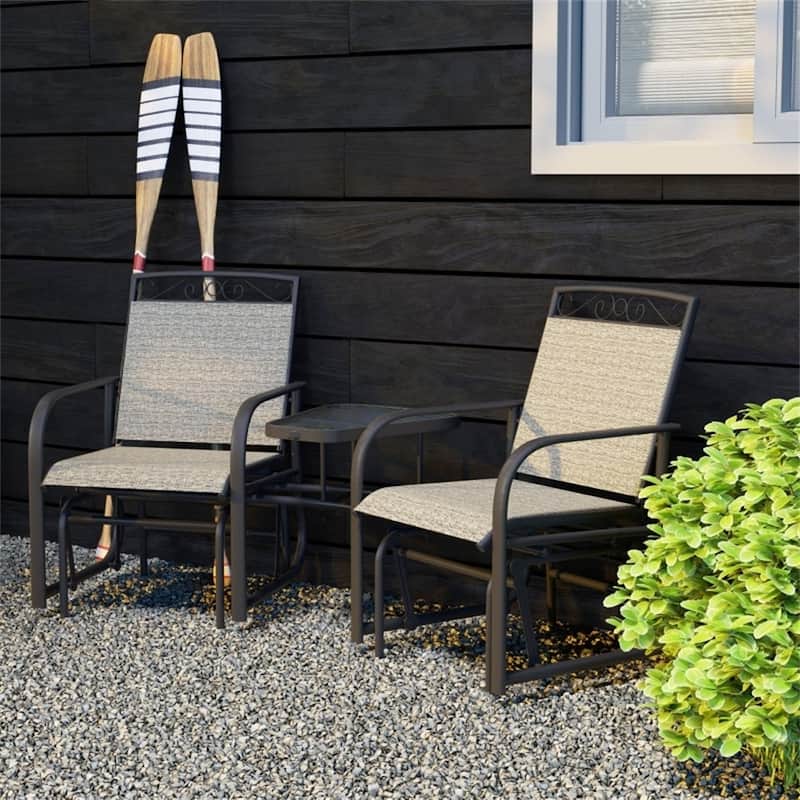 Two Seater Outdoor Glider with Table Steel Frame Tempered Glass and Mesh Fabric - 76.75" L x 33.75" W x 35.75" H