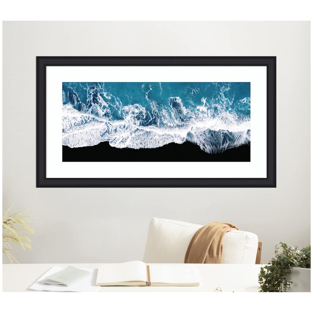 Kate and Laurel Framed Art Minimalist Ocean Waves on the Black Beach in Iceland Panel by Michael Schauer