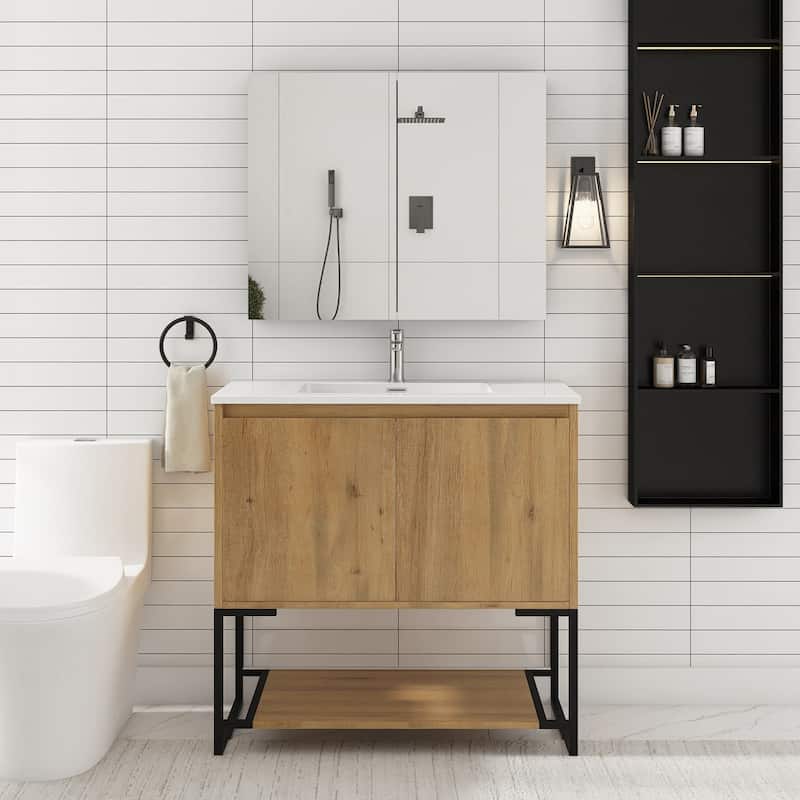Freestanding Bathroom Vanity Set in Oak with Integrated Solid Surface Sink