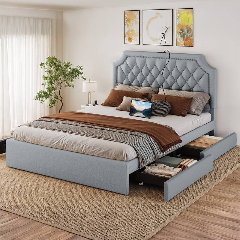 Moasis Velvet/Linen Upholstered Bedframe with Adjustable Headboard and 4 Storage Drawers