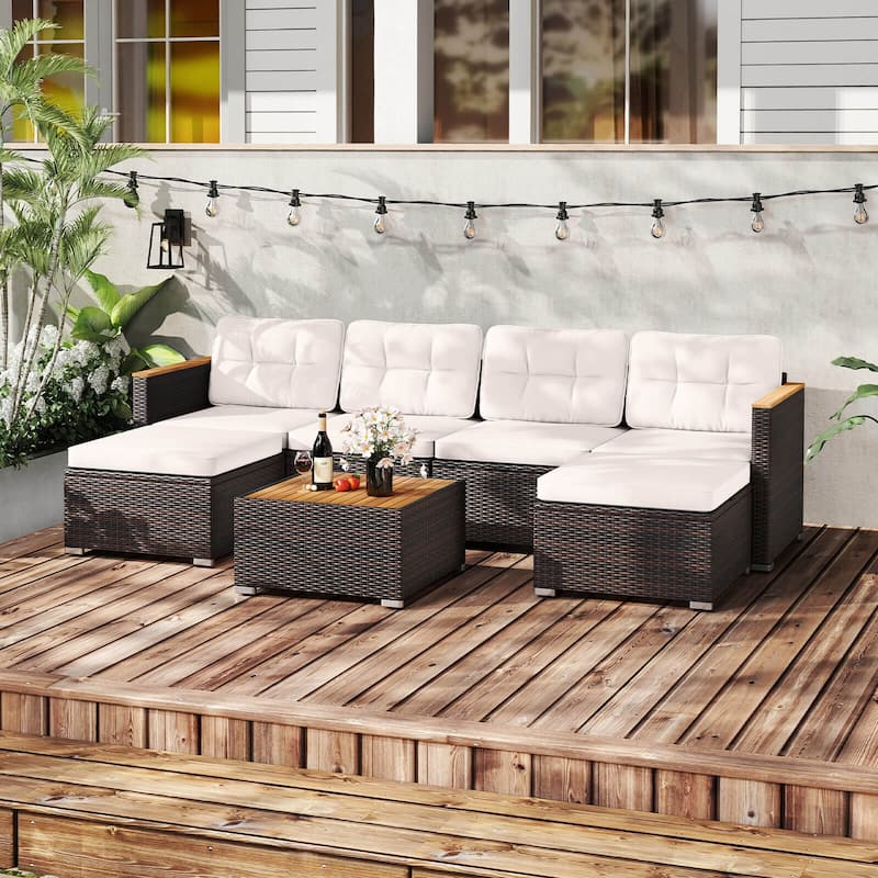 Costway 7 PCS Wicker Conversation Set with Seat & Back Cushions Wood - See Details - Mix Brown+Off White - See Details