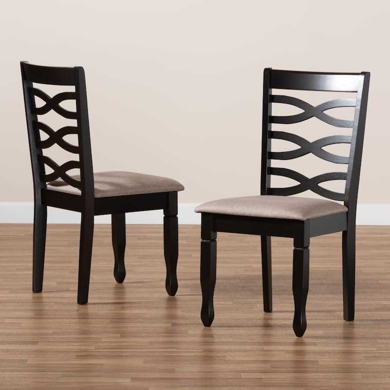 Modern Dining Chair Set - 2 Piece Fabric Upholstered Wood Chairs - Dark Brown Finish