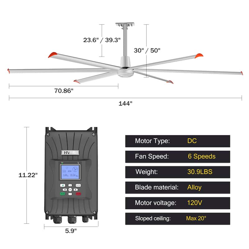 12ft HVLS Commercial 144" Ceiling Fan without Light with 6 Aluminum Blades