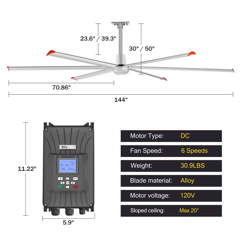72"/84"/96"/120"/140" HVLS Industrial Ceiling Fan with 6/8 Aluminum Blades without Light