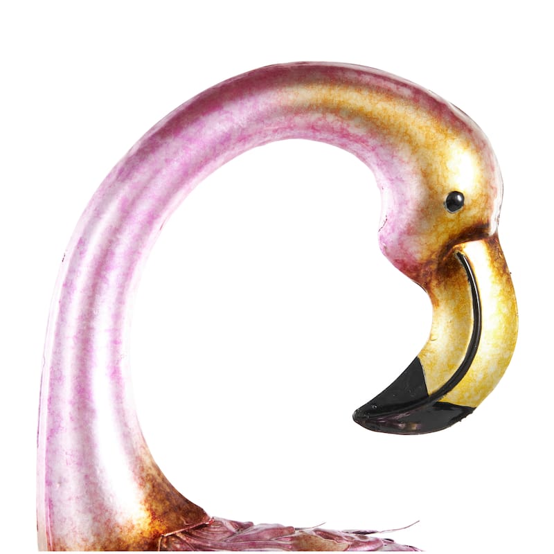 Pink Metal Flamingo Decorative Garden Sculpture with Dimensional Feathers and Gold Accents (Set of 2)