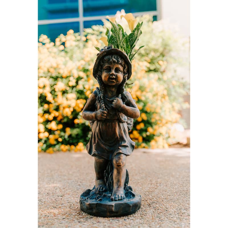 Xbrand 24" H Faux Bronze Magnesium Oxide Walking Garden Statue w/Small Flower Plant Pot, Natural Design Sculpture