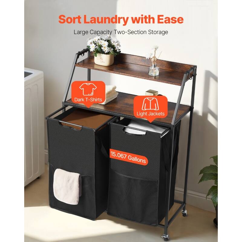 Black Laundry Hamper Sorter on Wheels and 2 Fabric Bags and Wooden Shelves for Home Storage - 27.56 x 12.99 x 41.14 in