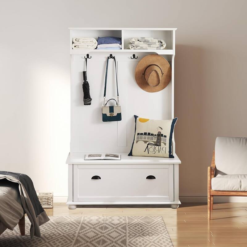 Roomfitters Classic Coastal Style Hall Tree Entryway Bench with Open Shelves, Shoe Cabinets, Solid Wood Feet - White