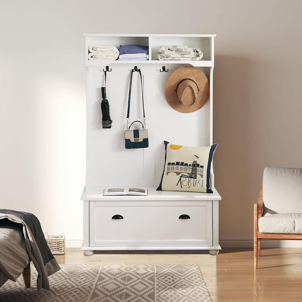 Roomfitters Classic Coastal Style Hall Tree Entryway Bench with Open Shelves, Shoe Cabinets, Solid Wood Feet