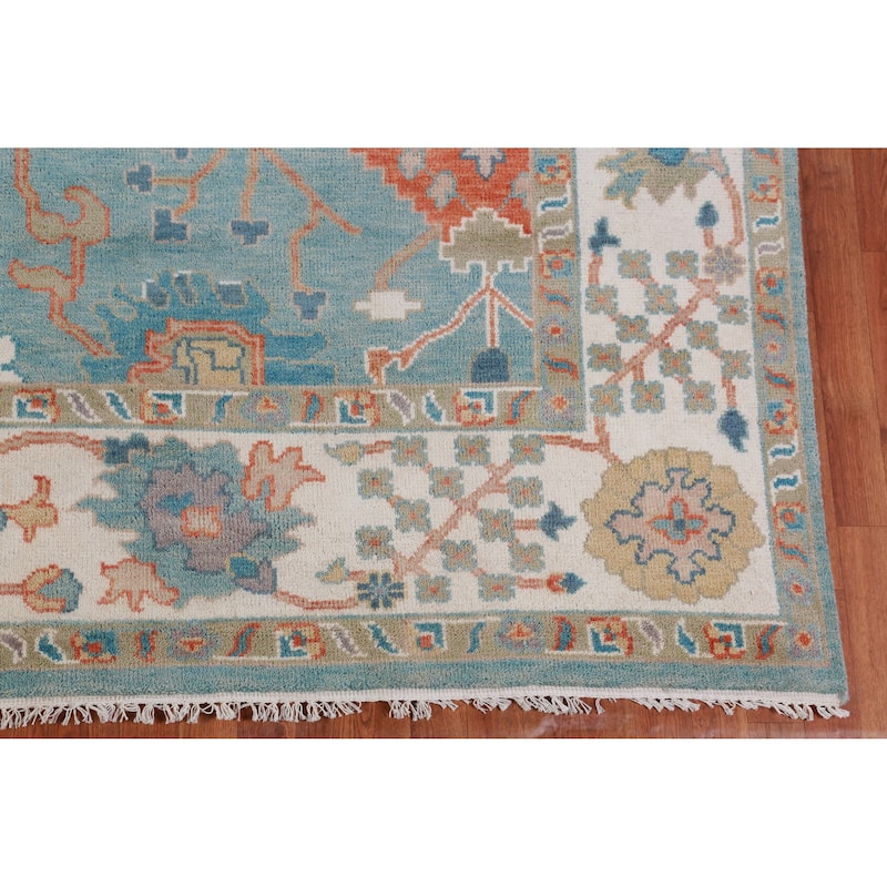 Hand Knotted Oriental 100% Wool Carpet Transitional All-Over Navy Blue & Blues Oushak Area Rug - 12' 4'' X 9' 2''