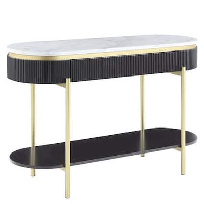 Ville 48 Inch Oblong Sofa Console Table, White Faux Marble Top, Reeded Edge