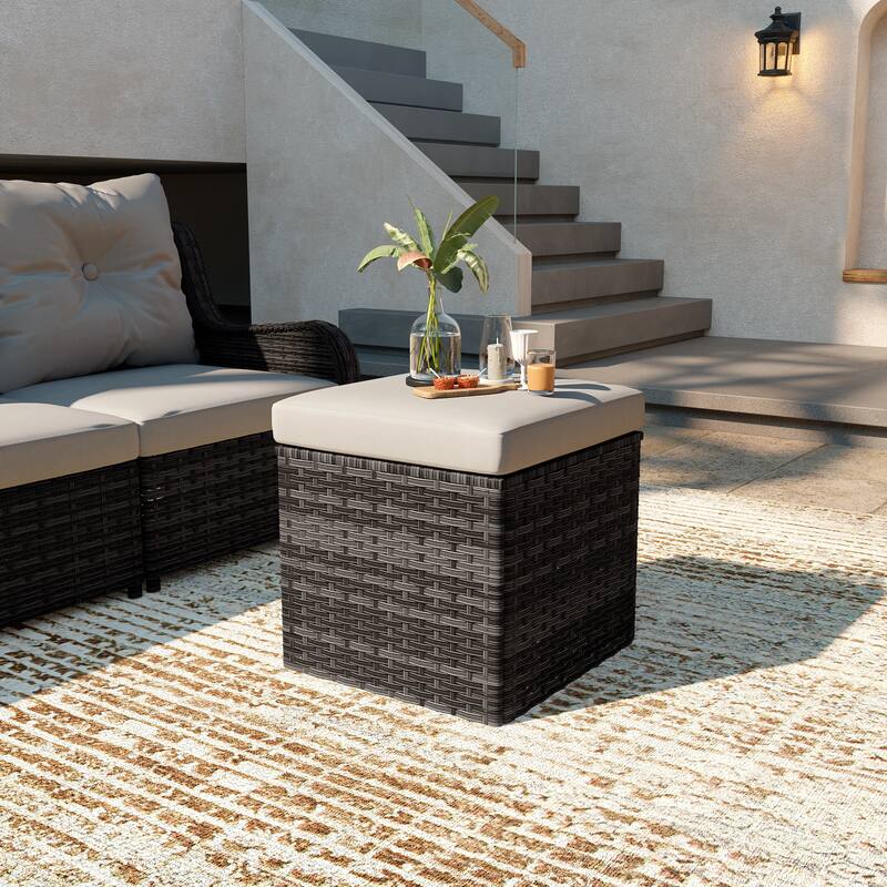 Outdoor Wicker Square Storage Ottoman with Plush Cushion