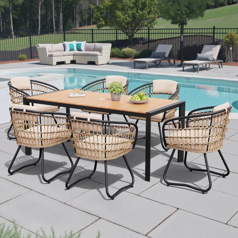 Outdoor Patio Dining Set Aluminum Table with Umbrella Hole with Rattan Chairs - Brown Table with Beige Cushion Chairs