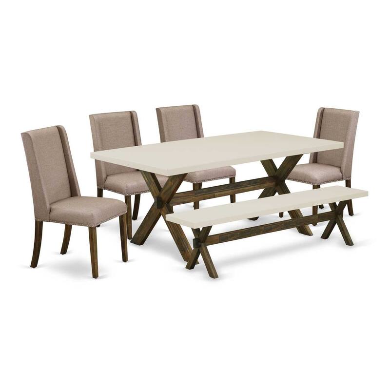 Modern 6-Piece Dining Set - Rectangular Table, 4 Chairs, Bench - Dark Khaki Fabric