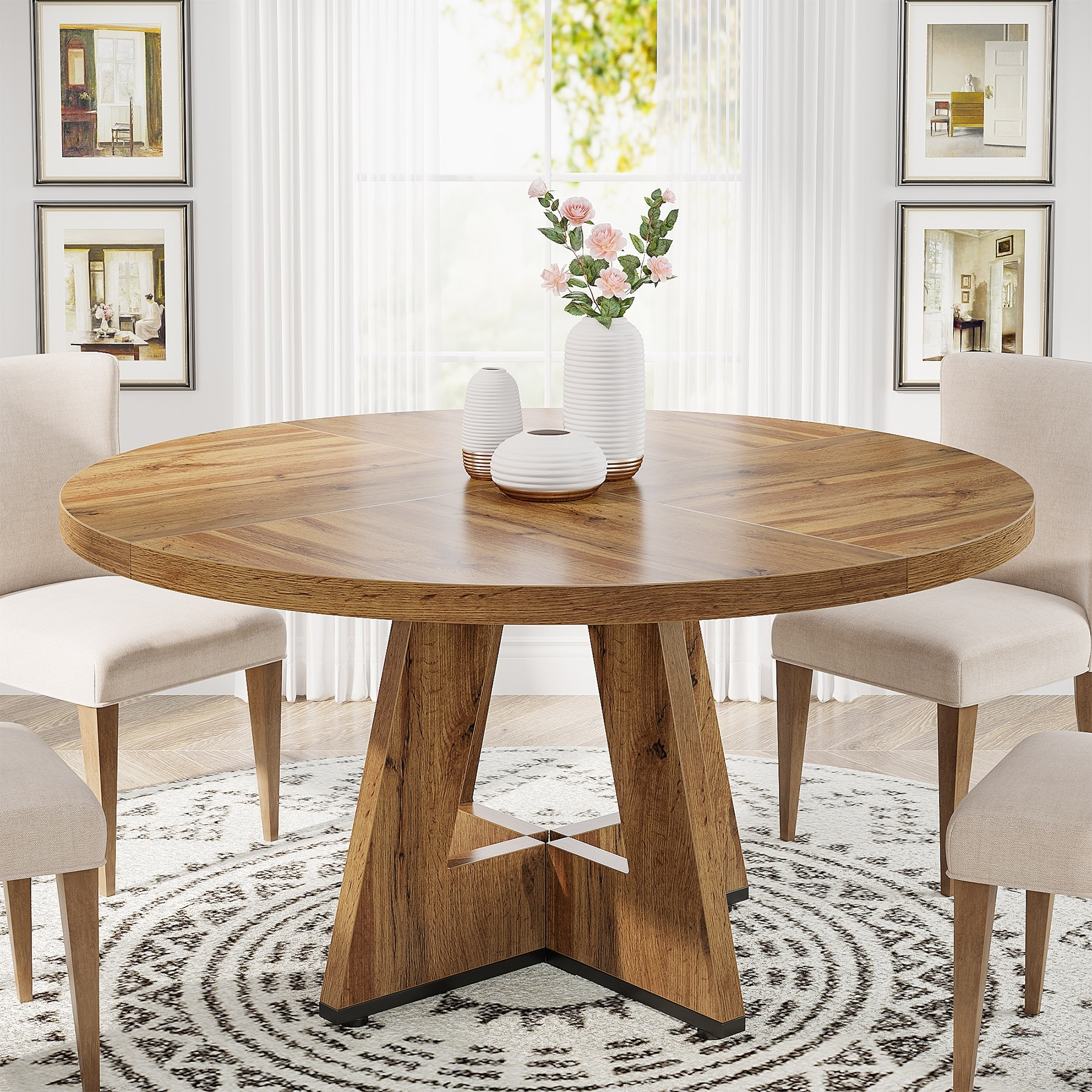 Small Round Dining Table for 4, Wood Dinner Table for Kitchen Living Room