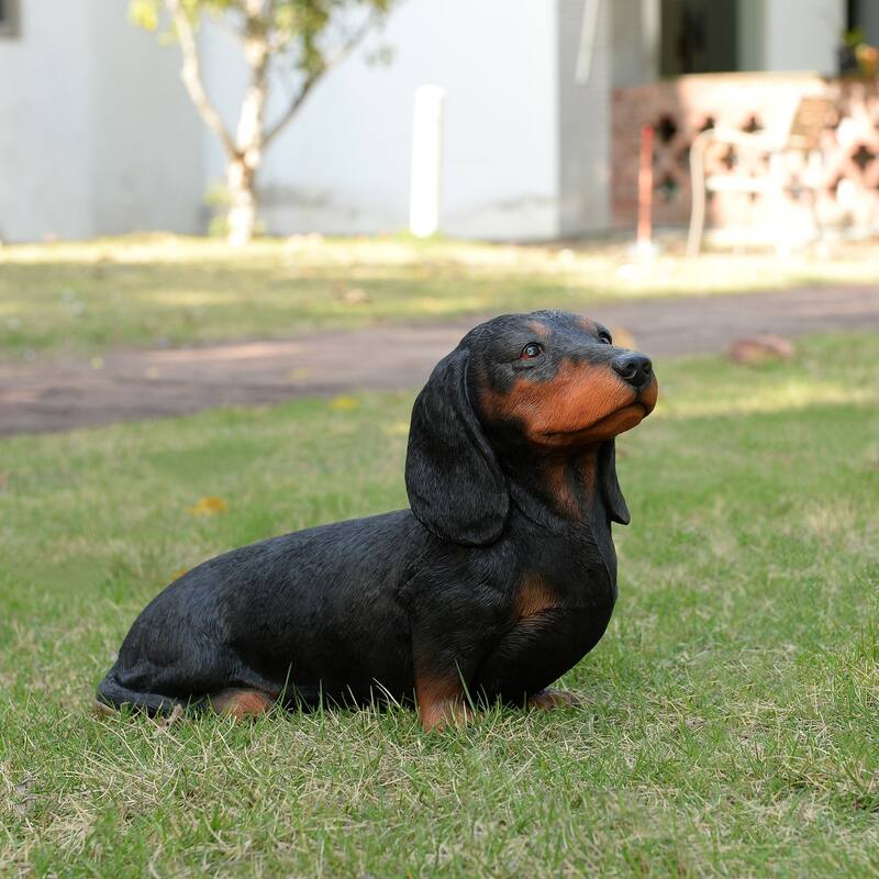 Sitting Black Dachshund Outdoor Garden Statue - 15"