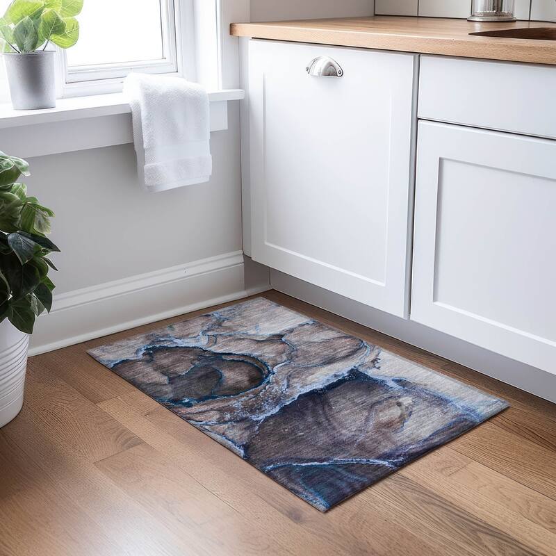 Machine Washable Indoor/ Outdoor Abstract Chantille Rug - Navy - 1'8" x 2'6"