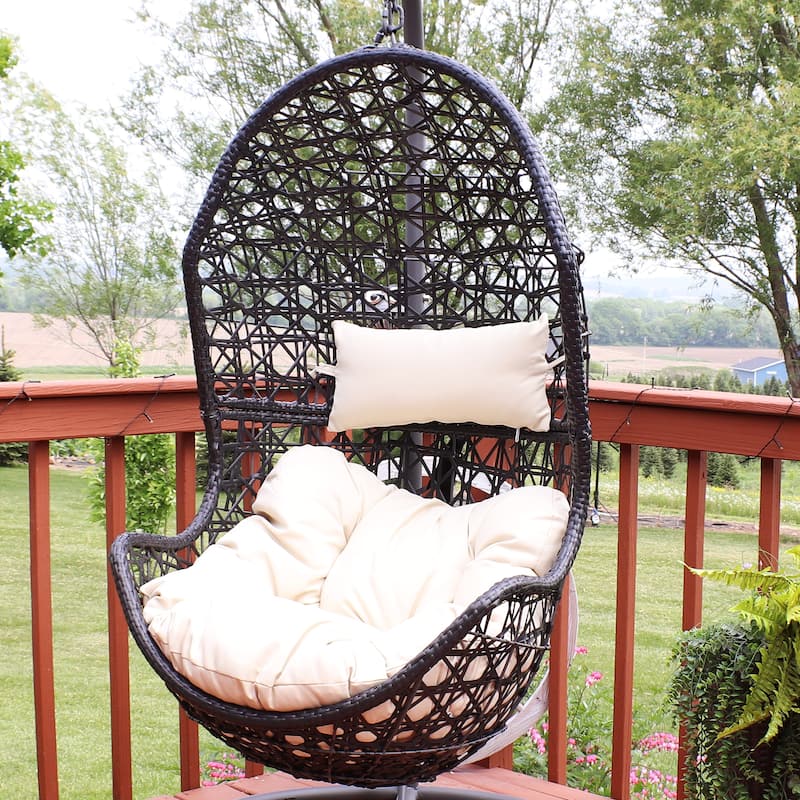 Cordelia Hanging Basket Egg Chair Swing- Resin Wicker - Beige Cushions