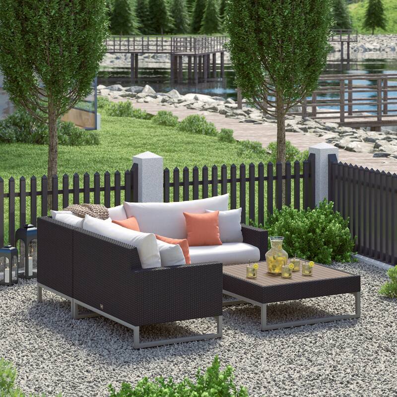 Milo Espresso 4 Piece Sunbrella Outdoor Patio Sectional with Table
