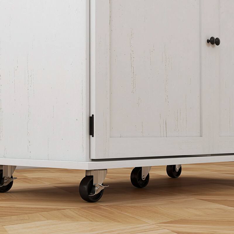 Kitchen Island with Storage, Farmhouse Rolling Kitchen Island cart on Wheels with Drawer, 2 Cabinets, Rubberwood Top