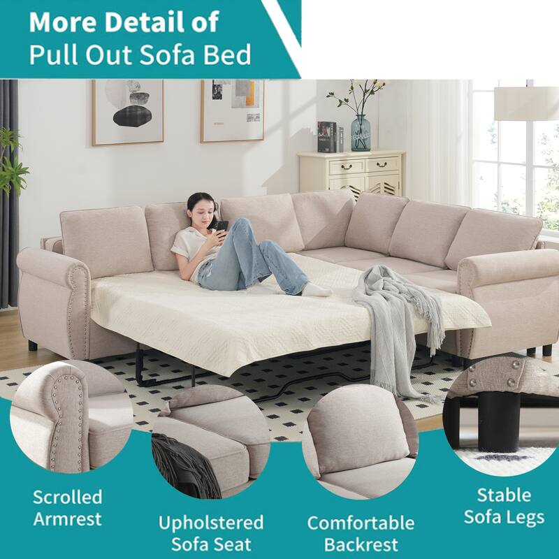 2 in 1 Pull Out 6 Seater L Shaped Sleeper Sectional Sofa Couch