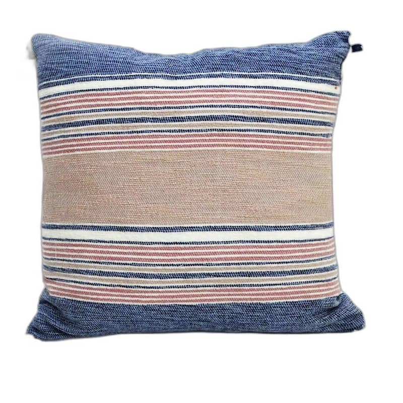 22" X 22" Blue And Tan Striped Handmade Throw Pillow With Tassels