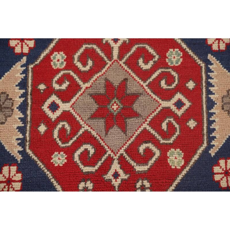 Geometric Kazak Oriental Area Rug Hand-Knotted Red Wool Carpet - 8'2"x 12'2"