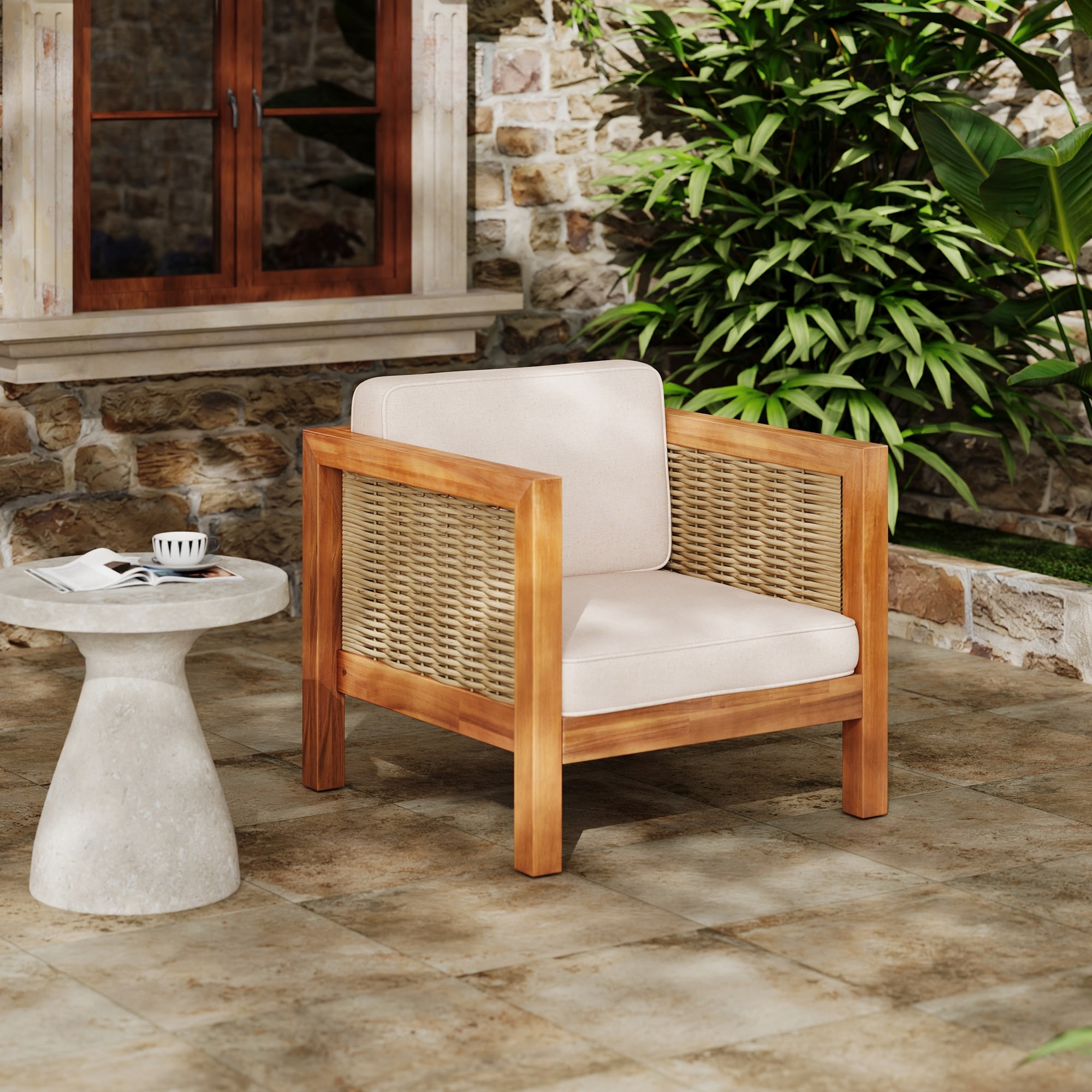 Roomfitters Acacia Wood Outdoor Club Chair, Modern Patio Accent Chair with Woven Rope Sides and Upholstered Cushions