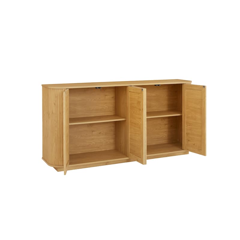 Storage Cabinet with 4 Rattan Doors, Fluted Wood Buffet Cabinet, Console Table with Pressed Spring Doors & Adjustable Shelves
