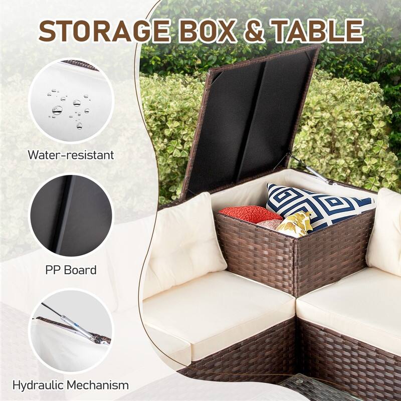 Patio 4-Piece Wicker Sectional Set with 2 Loveseats, Hydraulic Storage Box & Pet House Table