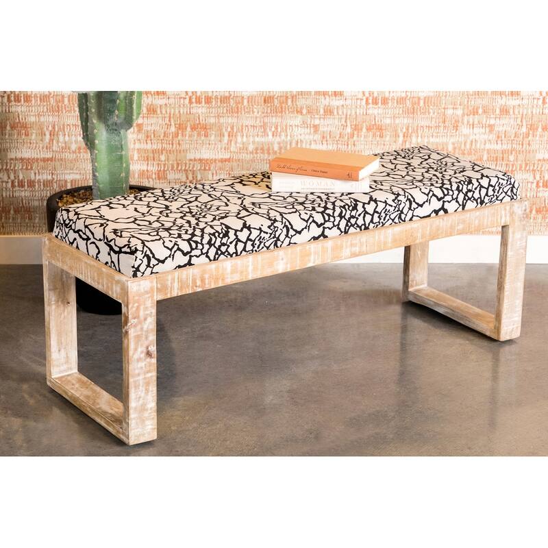 Fabric Upholstered Accent Bench with Sled Wood Leg in Black and White
