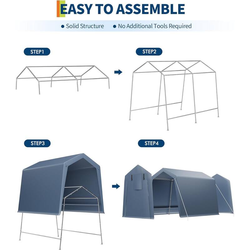 Outdoor Storage Shed, Portable Carport with Roll-Up Ventilated Zipper Door and Windows, Heavy Duty Waterproof Tarp