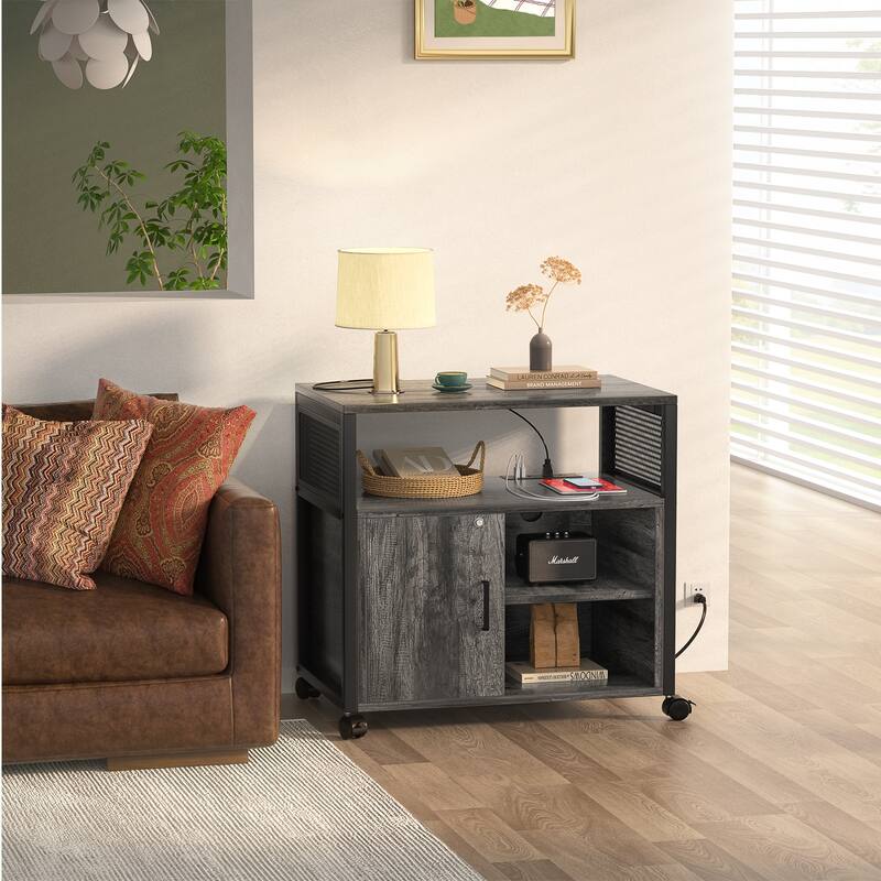 Rolling File Cabinet Lateral Office Filing Cabinets with Charging Station,Modern Printer Stand on Wheels