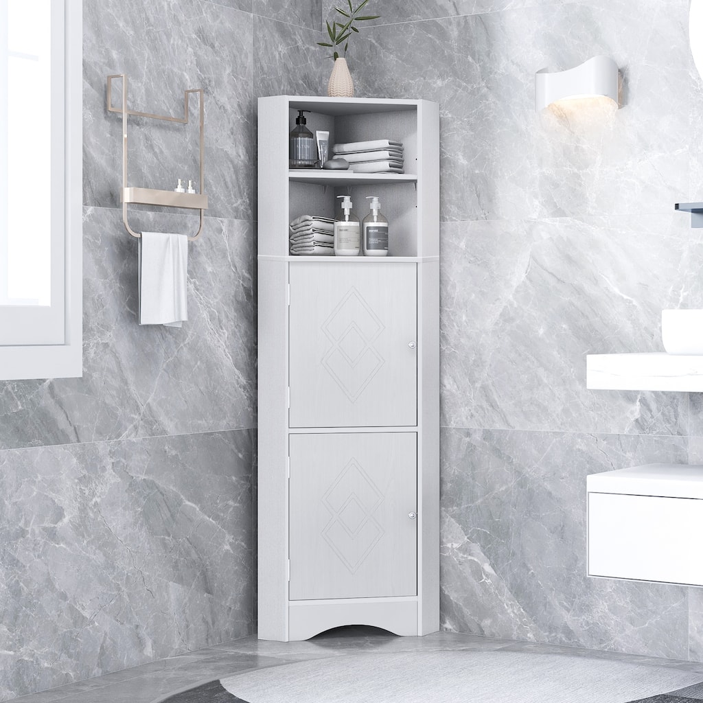 Bathroom Storage Corner Cabinet with Open Shelves, Adjustable Shelves, Rhombus Pattern Cabinet Doors and Curved Line Base