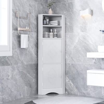 White Tall Corner Cabinet with Doors, Adjustable Shelves, & MDF Storage