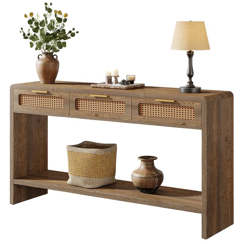 55" Narrow Console Sofa Table with 3 Rattan Drawers and 2-tier Storage Shelf - 13.78" D x 55.12" W x 32.68" H