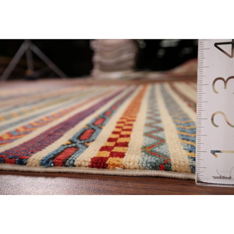 All-Over Striped Kazak Oriental Area Rug Hand-Knotted Wool Carpet - 3'11" x 5'11"