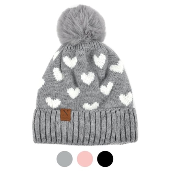 Women's Hearts and Pom Pom Knit Winter Hat. Opens flyout.