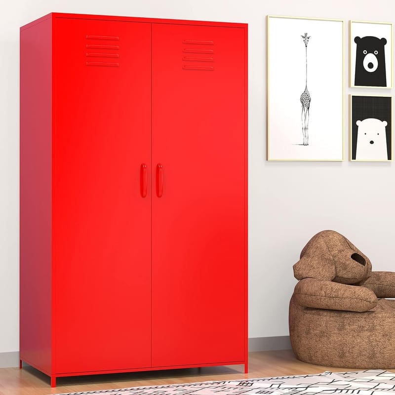 Double Doors Metal Locker Cabinet Storage with Hanging Rod and Shelves for Bedroom School Classroom