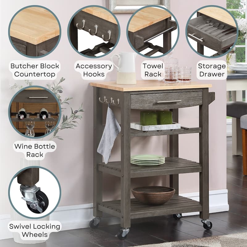 Ellaine 4 Tier Butcher Block Kitchen Cart with Drawer and Wine Rack