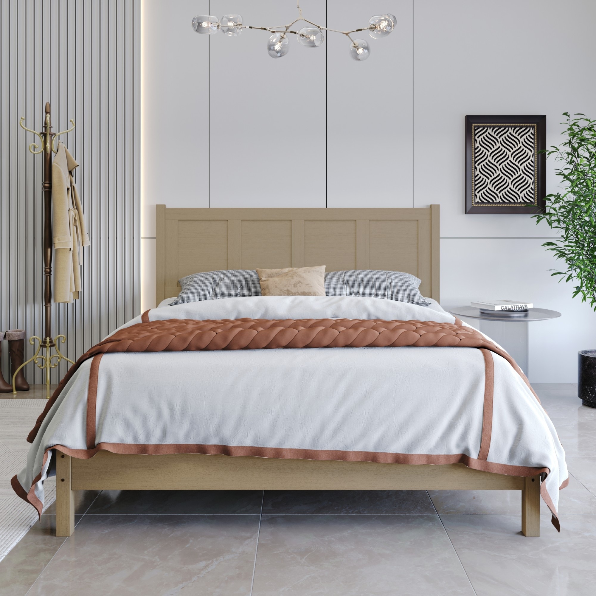 Clayfell Rogers Solid Wood Platform Bed Frame with Panel Headboard, No Box Spring Needed, Sturdy&Durable