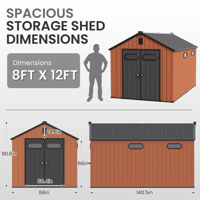 8' x 8' / 8' x 10'/ 8' x 12' Outdoor Resin Storage Shed with Lockable Doors and Air Vents for Garden