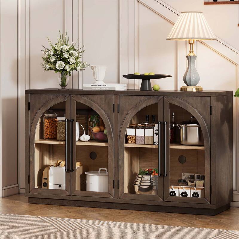 4-Door Storage Cabinet with Glass Doors and Arched Design