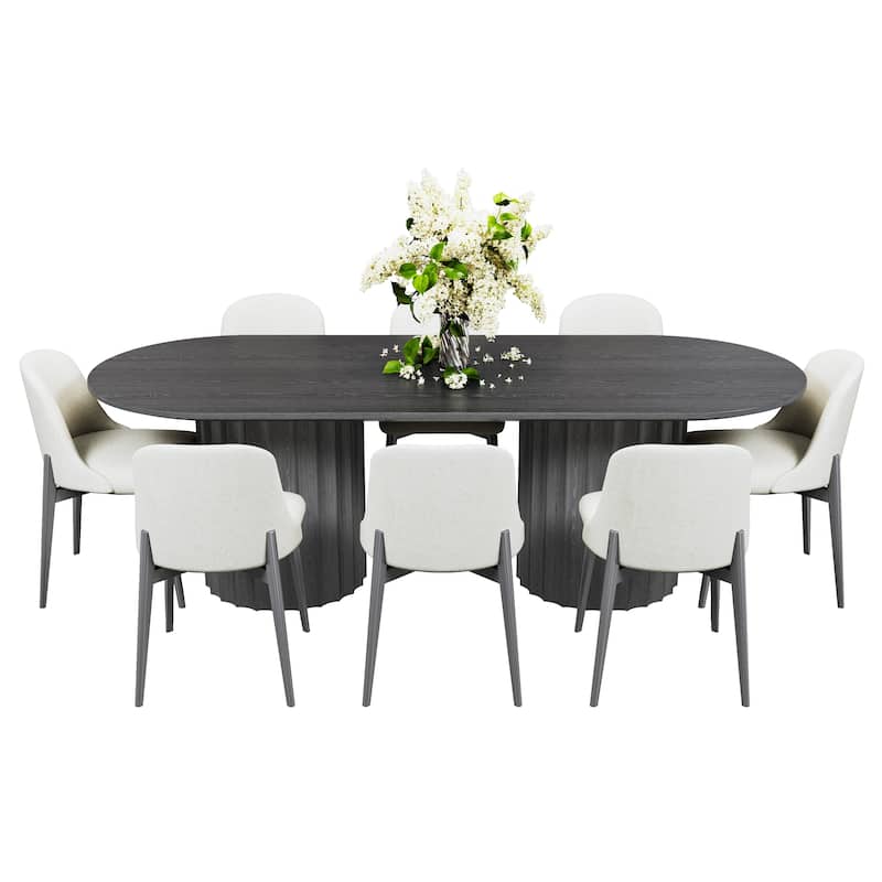 86" Modern Oval Dining Table Set with 8 Upholstered Chairs Black Textured Wood Top & Dual Cylindrical Pedestal Base