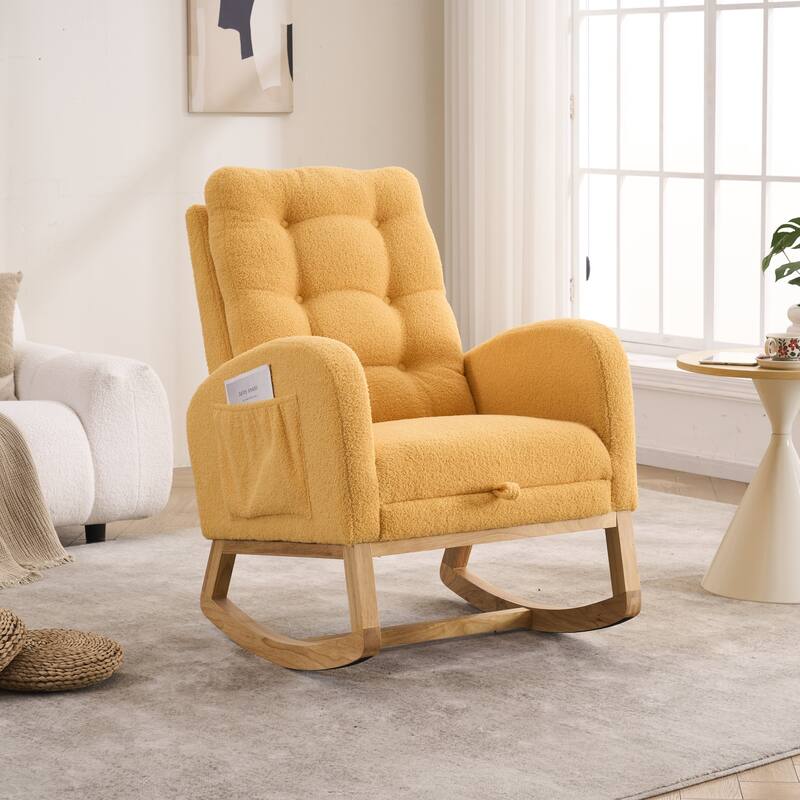 Plush Accent Rocking Chair with Footrest, Cream White High-Back Rocker, Rubber Wood Lounge Chair for Nursery & Living Room - Yellow