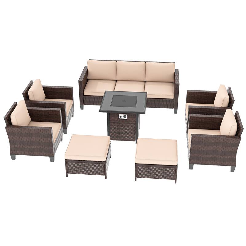 Livoosun 8 Pieces Patio Sofa with 28'' Fire Table Set, PE Wicker, Wide Armrests High Back Sofa Chair Design for Lawn, Patio